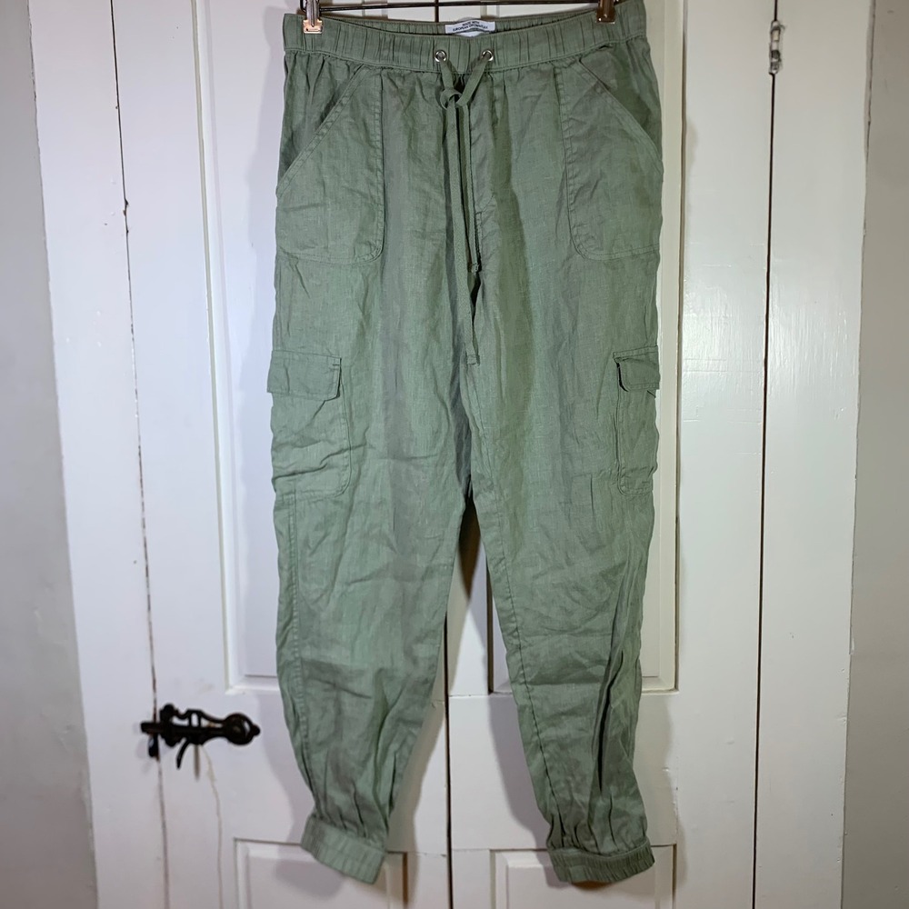 Nicole Miller New York Womens Sage Green 100% Linen Cargo Jogger Pants Large